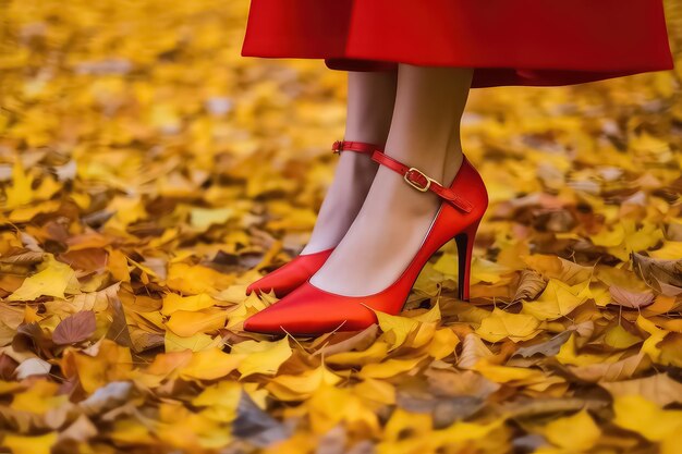 Zapatos de mujer rojos sobre un fondo de hojas de otoño naranja AI