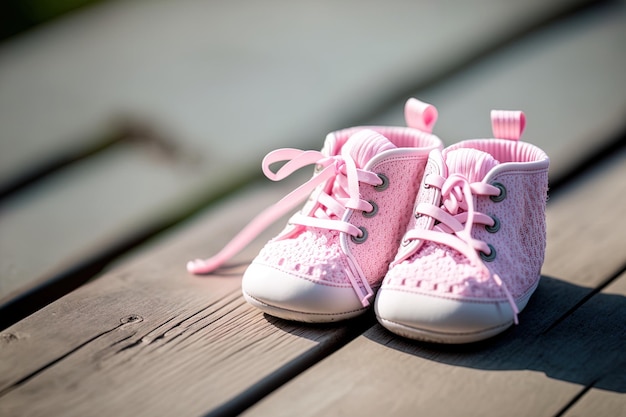 Zapatos de niña en rosa sobre un piso de madera al aire libre