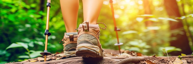 Foto zapatos y palos de senderismo en un bosque exuberante estilo de vida saludable y activo con espacio para el texto