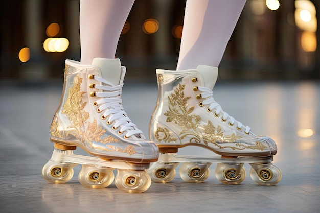 zapatos de patinaje femeninos usados por mujeres en el estilo blanco y dorado