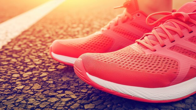 Zapatos rojos para correr en una carretera de asfalto