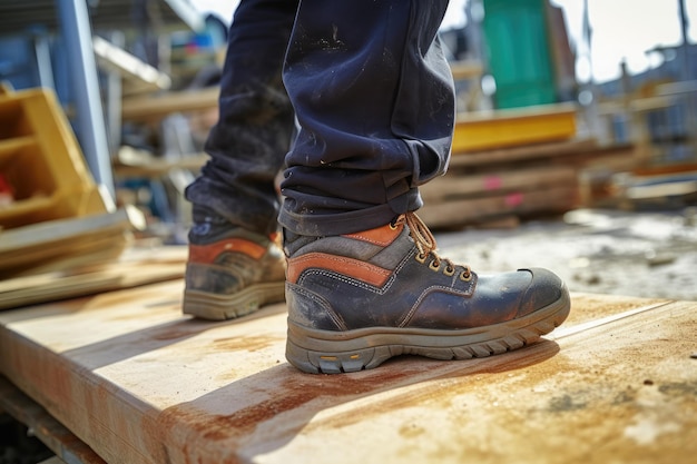 Foto zapatos de seguridad de los trabajadores de la construcción.