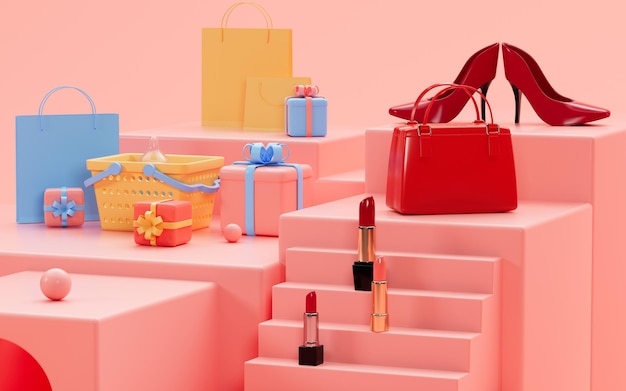 Zapatos de tacón alto y lápices labiales regalos y bolsos en el escenario rosa representación 3d