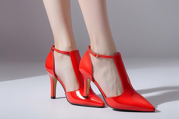 Foto zapatos con tacón cónico para mujeres de color rojo claro