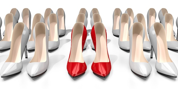 Zapatos de tacón rojo y blanco aislado sobre fondo blanco.