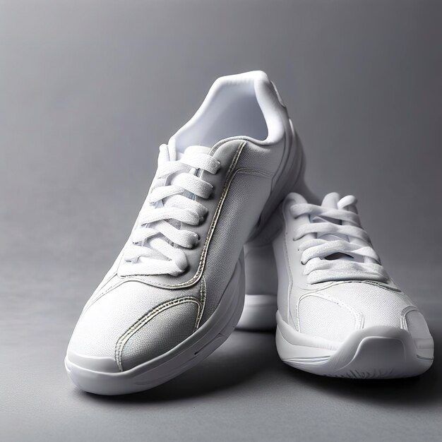 Zapatos tenis blancos sobre fondo gris