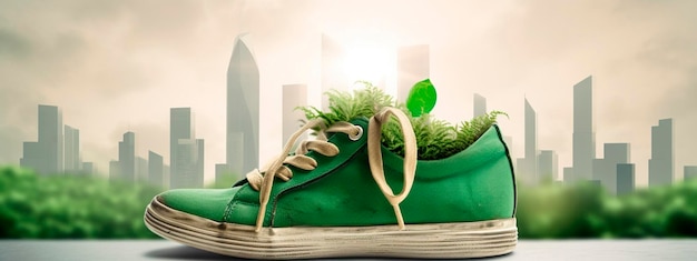 Zapatos con vegetación y concepto de huella de carbono de la ciudad IA generativa