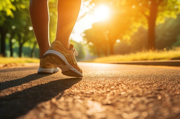 Zapatos de verano en la carretera de asfalto bajo el sol tiempo para correr en verano IA generativa