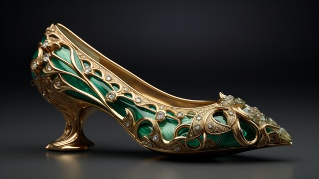 Foto zapatos verdes de diseño ornamentado con joyas de oro