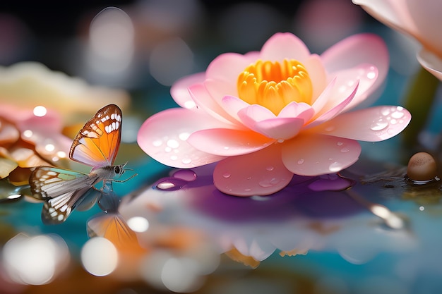 Zart pastellrose und blaue Blumen mit einem Schmetterling und Taustropfen Nahaufnahme Spielplatz KI-Plattform