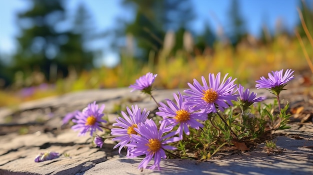 Zart purpurfarbene Wildblumen blühen in den Rissen eines sonnenbestrahlten felsigen Weges