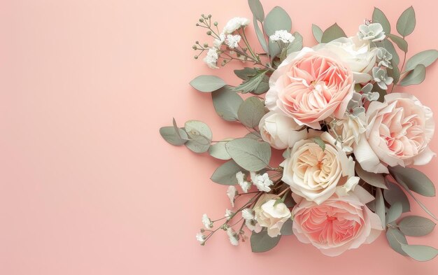 Zart rosa Rosen und weiße Blüten liegen vor einem weichen rosa Hintergrund und schaffen eine ruhige Blumenästhetik