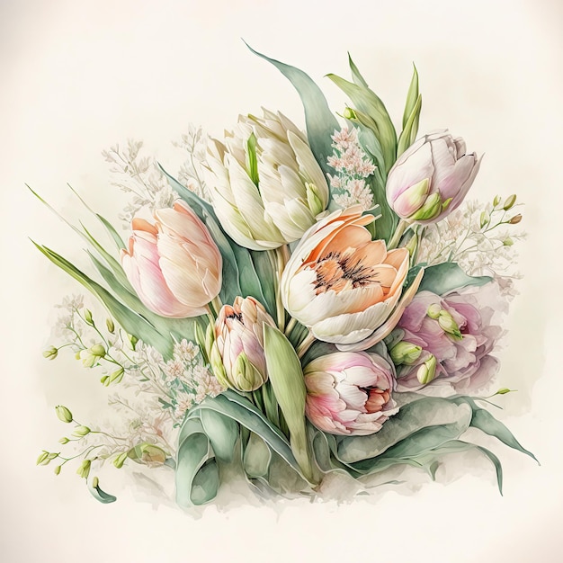 Zarte Aquarelltulpen Luxuriöser Hintergrund für Postkarten Generative KI