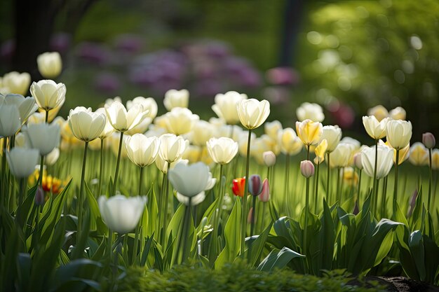 Zarte Frühlingstulpen blühen in einer ruhigen und friedlichen Gartenumgebung