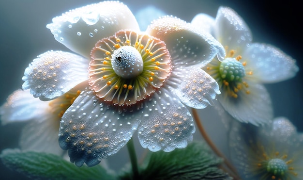 Zarte gespenstische Blüten des Diphylleia-Graus, eingehüllt in einen Schleier aus Regentropfen und vor einem weichen, gedämpften Hintergrund aus Pastelltönen