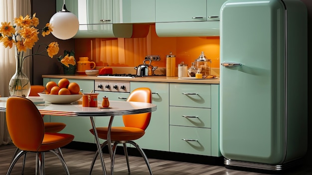 Zarte Grün- und Orangetöne im Innenraum einer Küche im Stil der 60er Jahre im Landhausprojekt