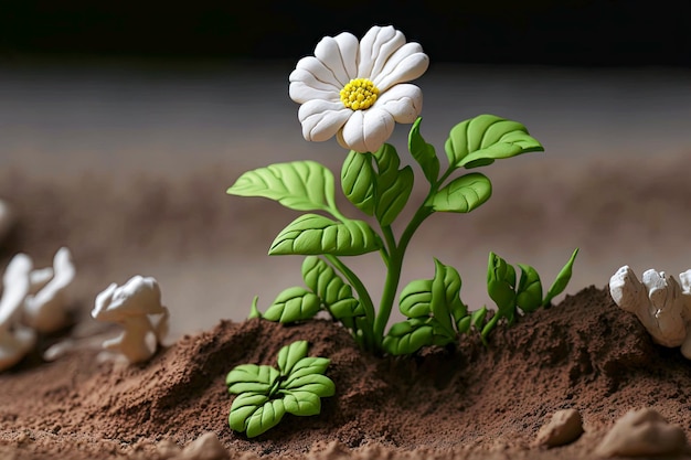 Zarte Knetblume mit weißen Blütenblättern und grünem Stiel in Sand, erstellt mit generativer KI