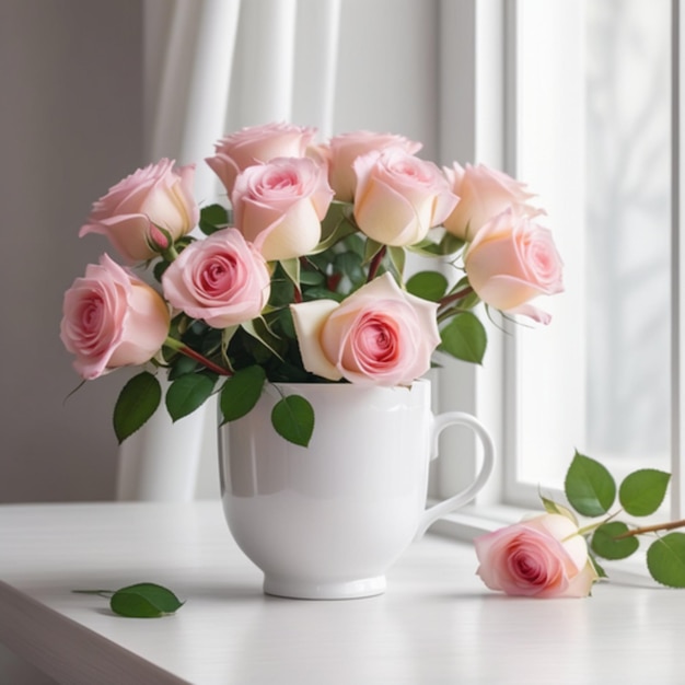 Zarte rosa Rosen in einem weißen Keramikbecher stehen auf einem Tisch