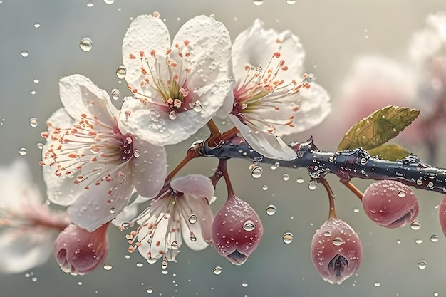 Zarte rosa Sakura-Blüten mit Regentropfen Blumenfrühlingshintergrund Generative AI 6