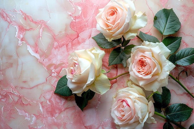 Zarte Rosenblüten auf rosa Marmor-Stein-Hintergrund Top-View