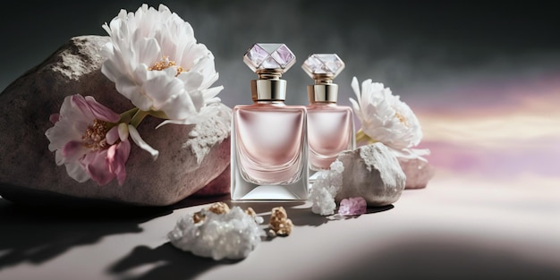 Foto zarte, stilvolle parfümkomposition flaschen mit parfüm und blumen rosa illustration generative ai