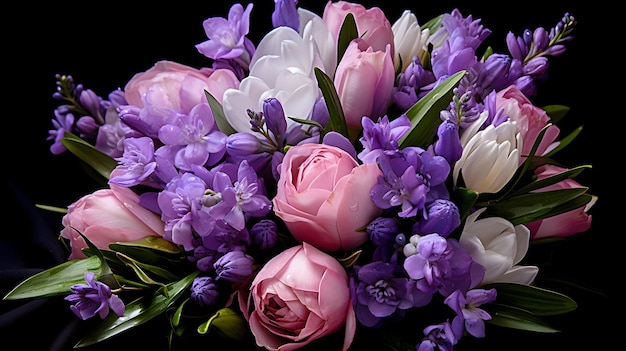 Zarte Tulpen und Lavendel zusammengebunden