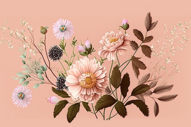 Zarte zarte Blumen auf pastellrosa Hintergrund, erstellt mit generativer ai