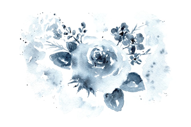 Zarter Aquarell-Monochrom-Indigoblau-Blumenrosenstrauß mit Blättern und Blüten