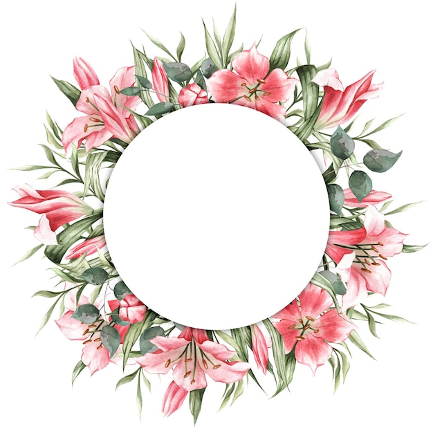 Zarter Blumenrahmen handgezeichnet in Aquarell. Runde Vignette aus rosa Lilien und grünen Blättern. Ideal für Broschüren, Tapeten, Drucke, Broschüren, Karten, Dekor, Designs und mehr.