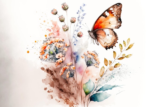 Zartes Aquarellbild mit Blumen und Schmetterling auf weißem Hintergrund