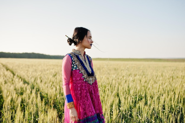 Zartes indisches Mädchen in Saree mit violetten Lippen Make-up bei Sonnenuntergang auf dem Feld gestellt Modisches Indien-Modell