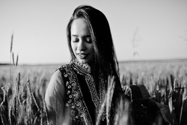 Zartes indisches Mädchen in Saree mit violetten Lippen Make-up bei Sonnenuntergang auf dem Feld gestellt Modisches Indien-Modell