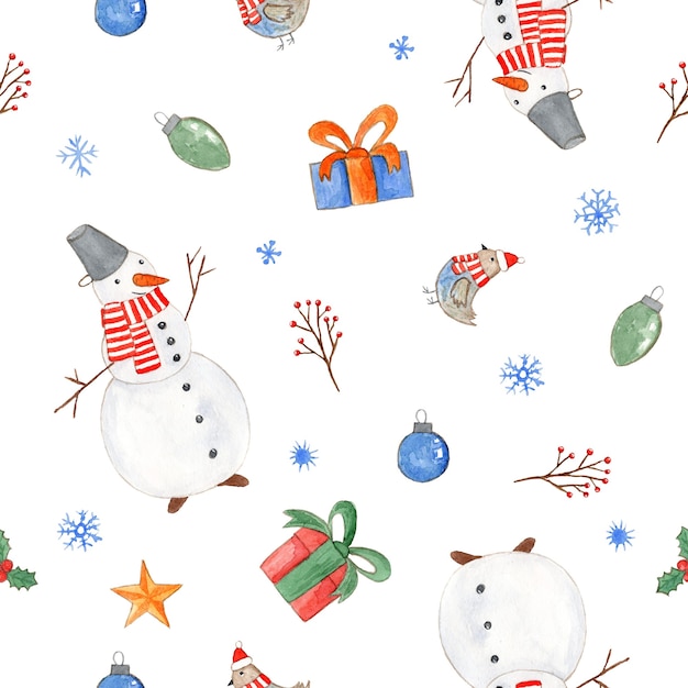 Foto zartes nahtloses weihnachtsmuster mit niedlichen aquarell-schneemann-geschenkbox-vögeln und schneeflocken