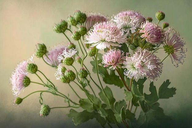 Zartes Sommerbouquet aus hellpastellrosa Blüten mit grünen Rändern, kreiert mit generativer KI