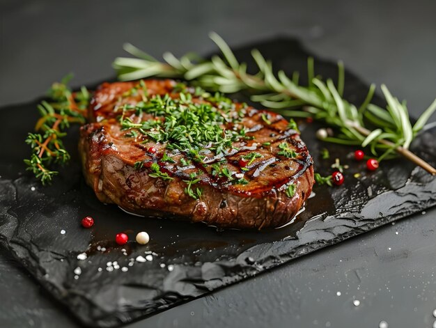 Zartes Steak, geschmückt mit Kräutern auf Schiefer