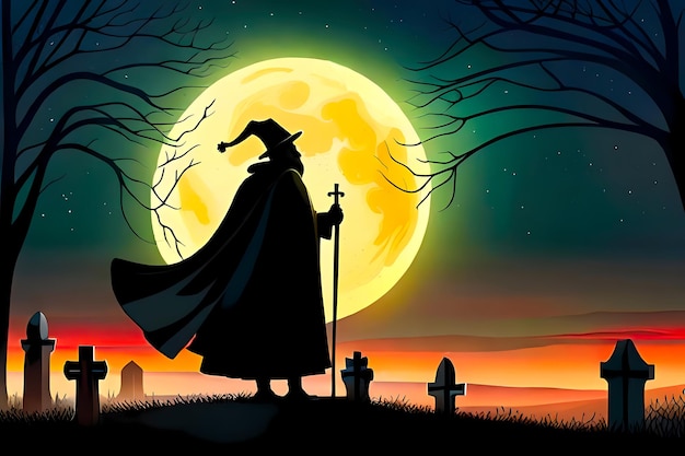 Zauberer auf dem alten Friedhof bei Nacht und generative KI-Illustration im Vollmond-Halloween-Stil