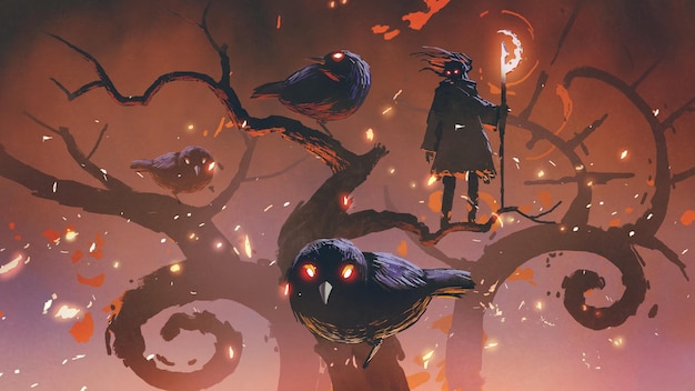 Zauberer der schwarzen Vögel, die auf seltsamen Bäumen stehen, digitaler Kunststil, Illustrationsmalerei