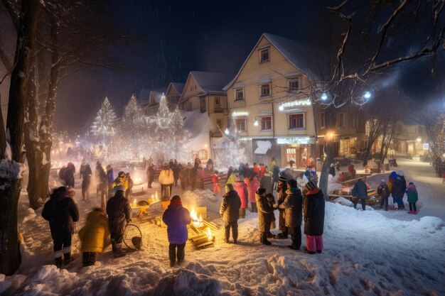 Zauberhafte Weihnachtsnacht in einem schneebedeckten Dorf Erleuchtete Häuser Kinder, die Weihnachten spielen