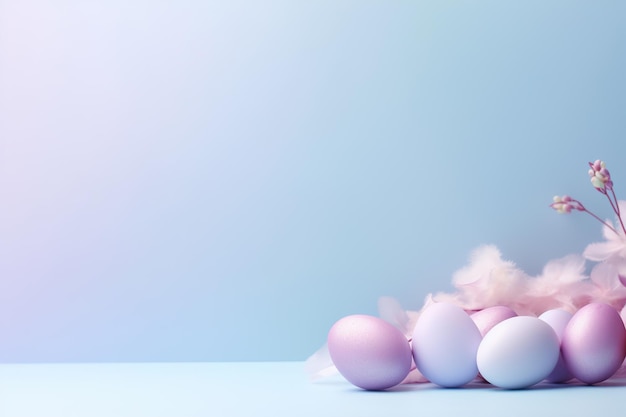 Zauberhafter Ostern-Hintergrund mit Eiern, Federn und Kopierraum für Text Weiche Pastellfarben ruhige und fröhliche Szene Perfekt für Urlaubsthemen-Designs Grußkarten Generative KI