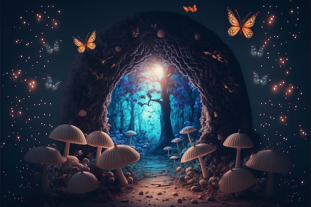 Zauberhafter Pilzraum im Fantasy-Zauberwald mit viel Helligkeit und Beleuchtung