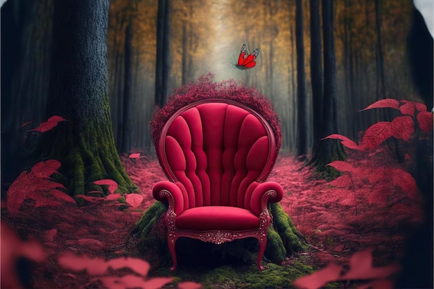 Zauberhafter roter weicher Sessel im Märchenwald, erstellt mit generativer KI