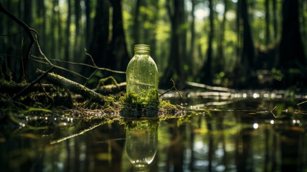 Foto zauberhafter wald, eine flasche aus gehaltenem chaos in marine und grün