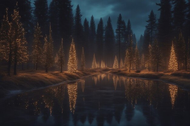 Zauberhafter Wald mit Weihnachtsbäumen und leuchtenden Lichtern