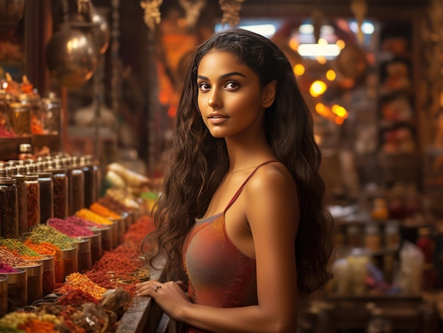 Zauberhaftes indisches Mädchen auf dem lebendigen Gewürzmarkt
