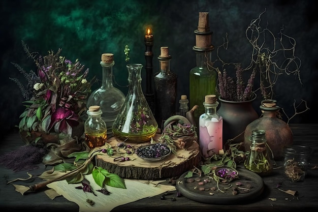 Foto zauberhaftes stillleben der hexerei mit alchemistischen flaschen. neuronales netzwerk, ki generiert