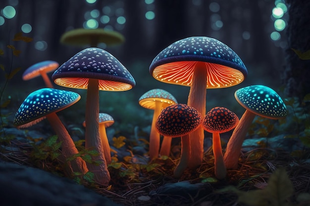 Zauberpilze glühen Giftpilze in verschiedenen Farben im Wald
