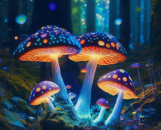 Zauberpilze im Wald Bunt leuchtende Pilze im mystischen Wald Generative KI