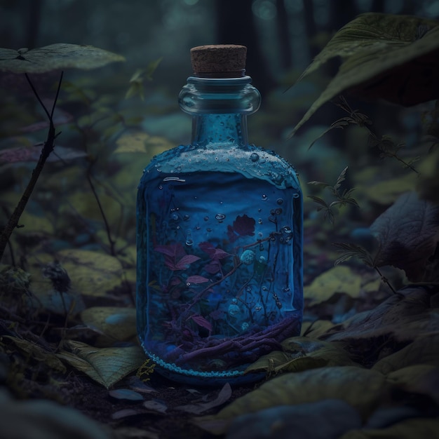 Zaubertrank in einer Flasche im Wald Halloween-Konzept Selektiver Fokus Generative KI