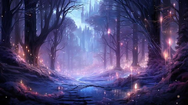 Zauberwald in der Nacht in funkelnden Lichtern Mysteriöse Gartenfee-Landschaft Natürlicher Hintergrund mit nebliger dunkler Stimmung Pfad durch Bäume im Mondlicht