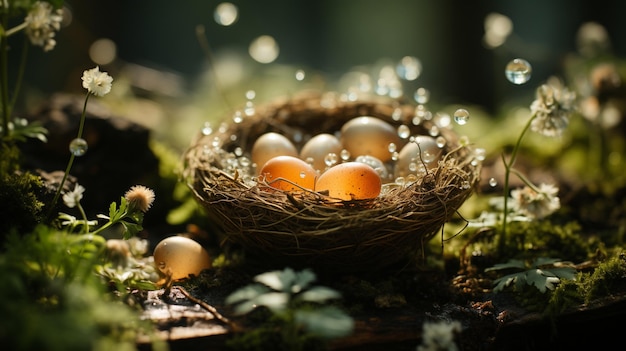 Zauberwald mit einem Nest aus goldenen Eiern im Sonnenlicht